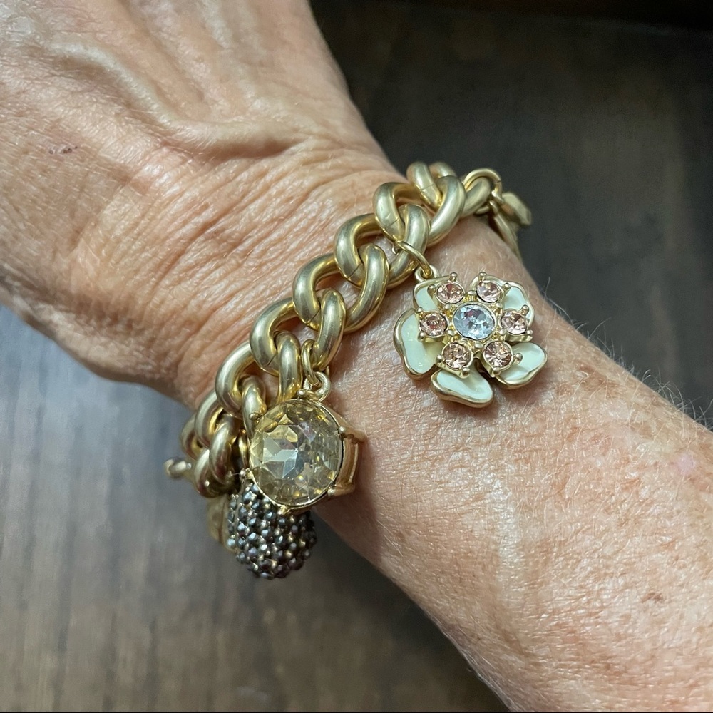 J Crew Gold Charm Bracelet Flower Ring Pave Rhinestones Tortoise Shell Discs